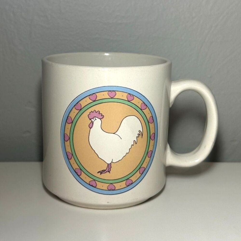 Vintage Coffee Mug with Cute Rooster and Hearts Design - Picture 1 of 5